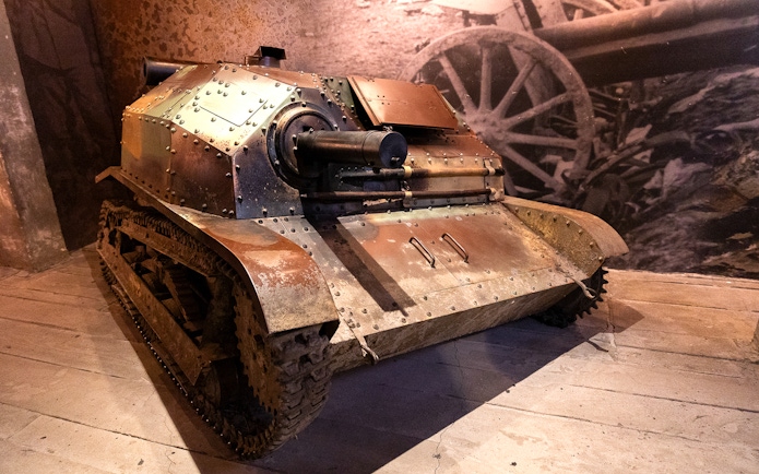 Tank exhibit at the beginning of war display inside Oskar Schindler's Factory.