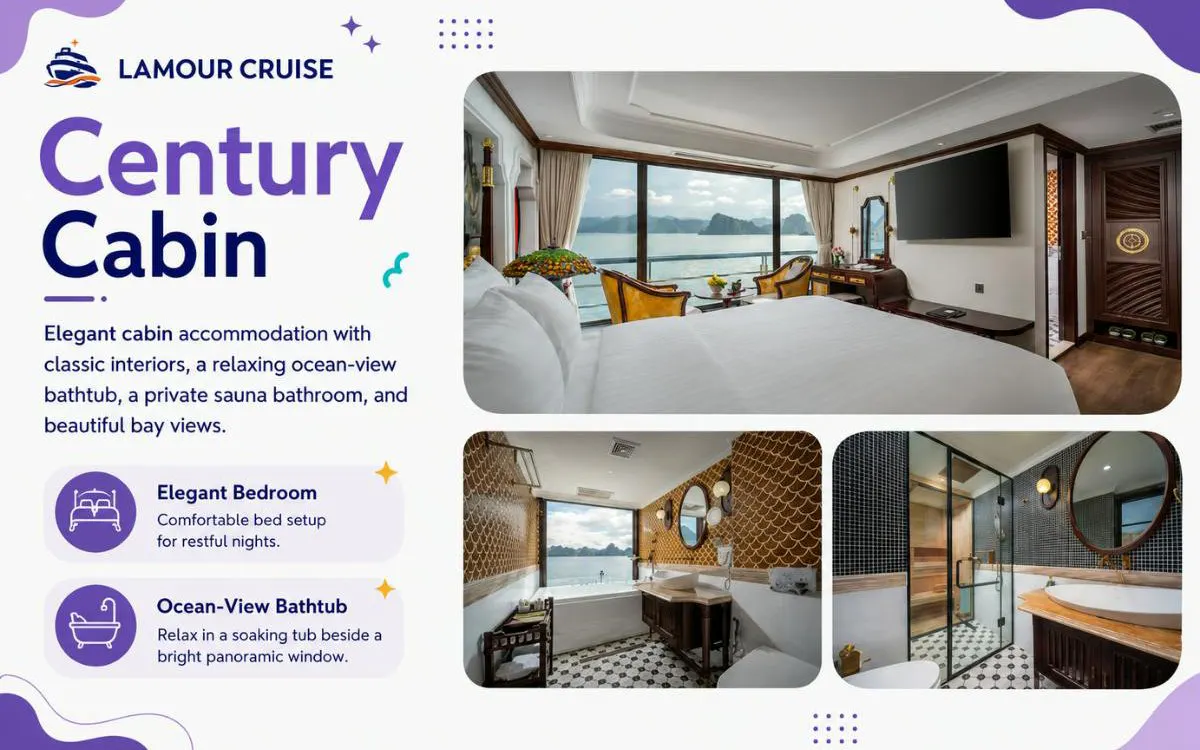 Century cabin with ocean-view bedroom, bathtub, and sauna on Ha Long Bay 5-star cruise.