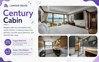 Century cabin with ocean-view bedroom, bathtub, and sauna on Ha Long Bay 5-star cruise.