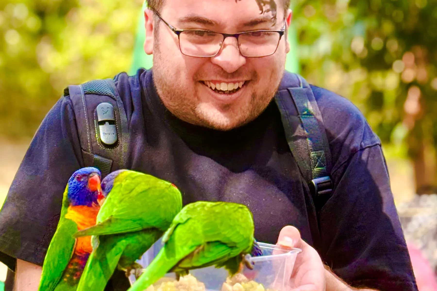 Man feeding colorful parrots during Sydney day trip.