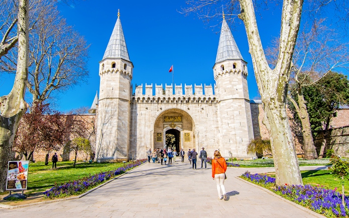 Visitors entering the Gate of Salutation at Topkapi Palace, Istanbul.