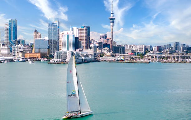 Sailboat on Waitemata Harbour with Auckland skyline in the background during America's Cup experience.