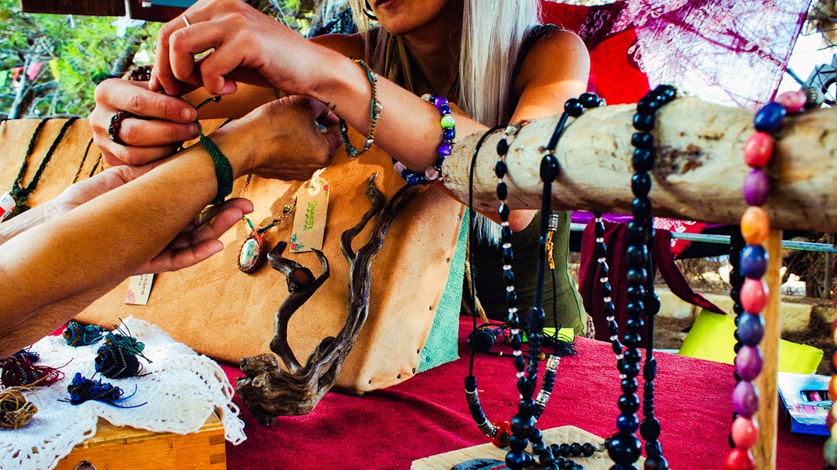 Beads jewelry shop with colorful necklaces and bracelets displayed in shop