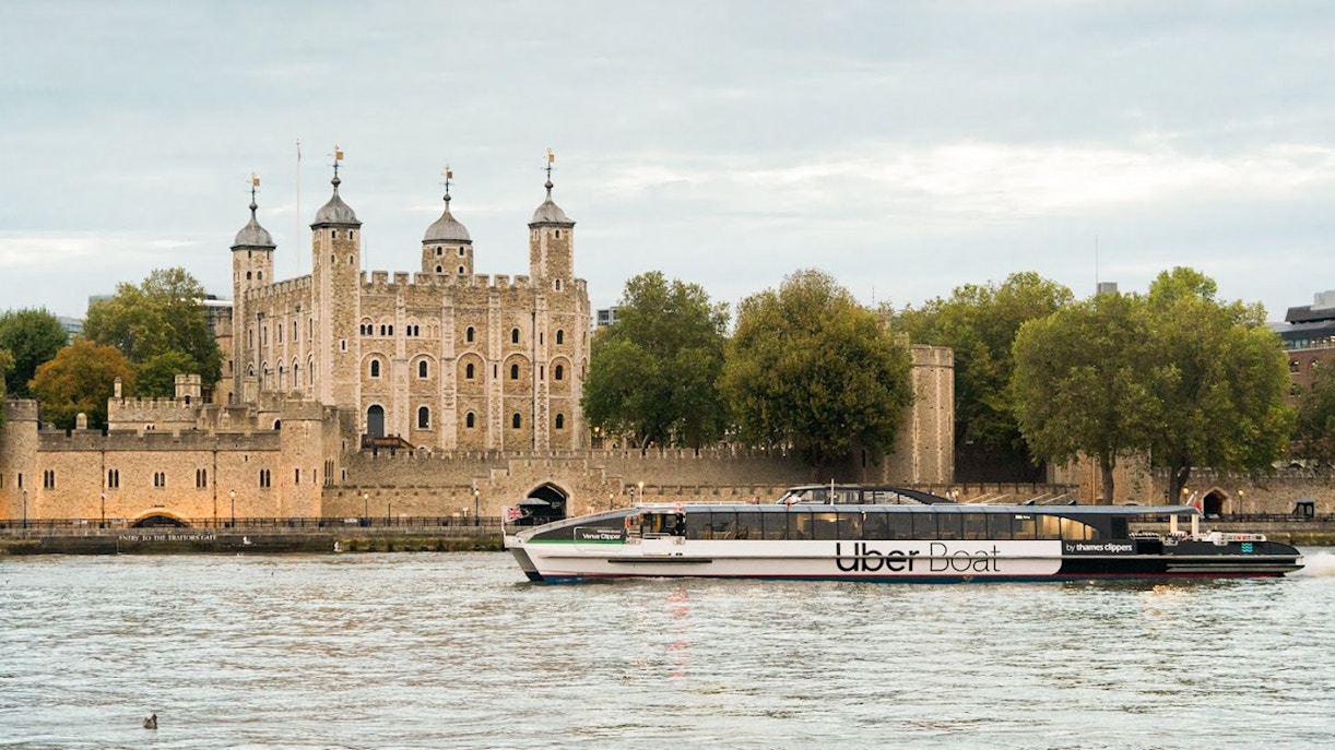 Uber Boat on the Thames near the Tower of London, England.