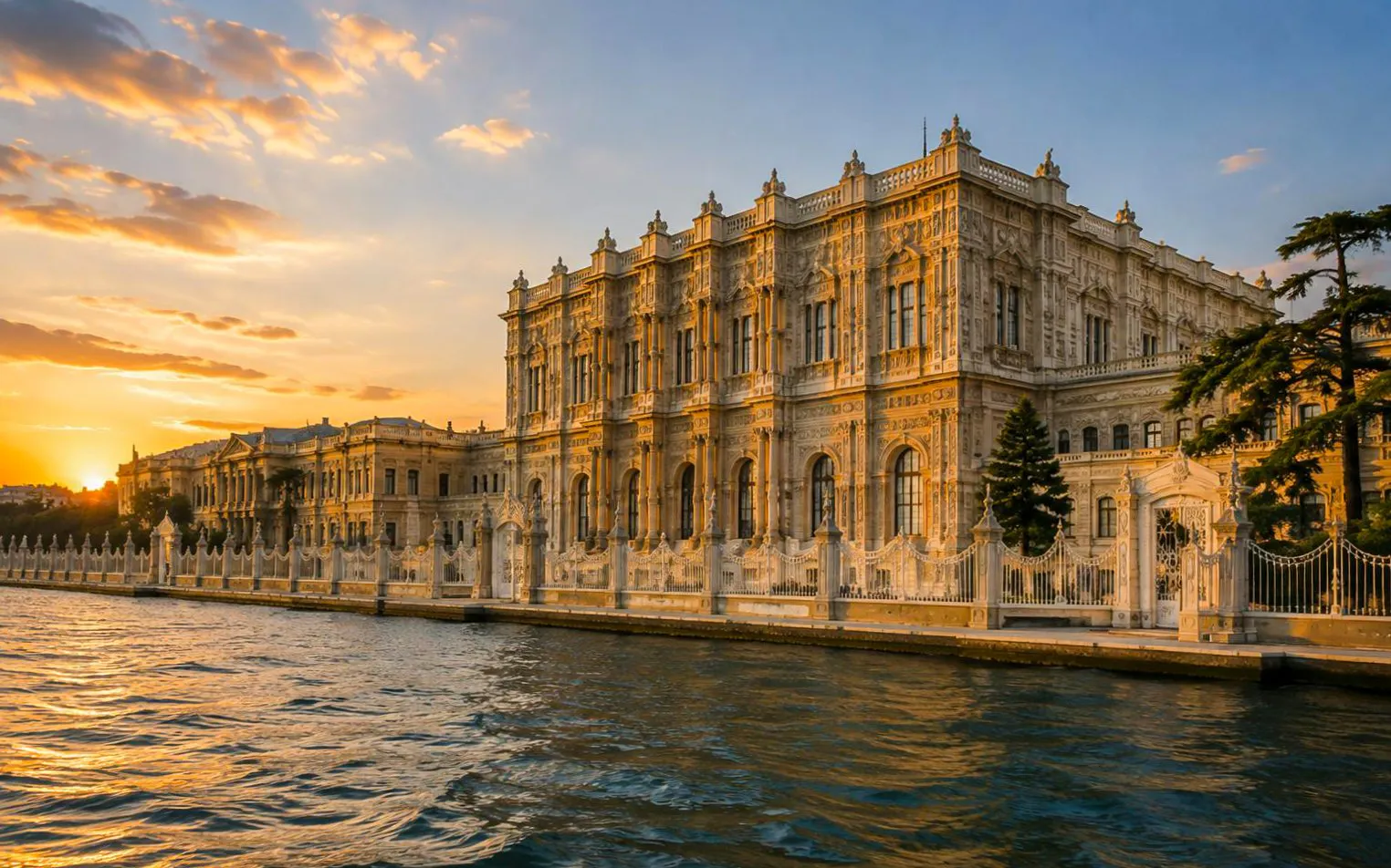 Dolmabahçe Palace at sunset viewed from a Bosphorus cruise in Istanbul.