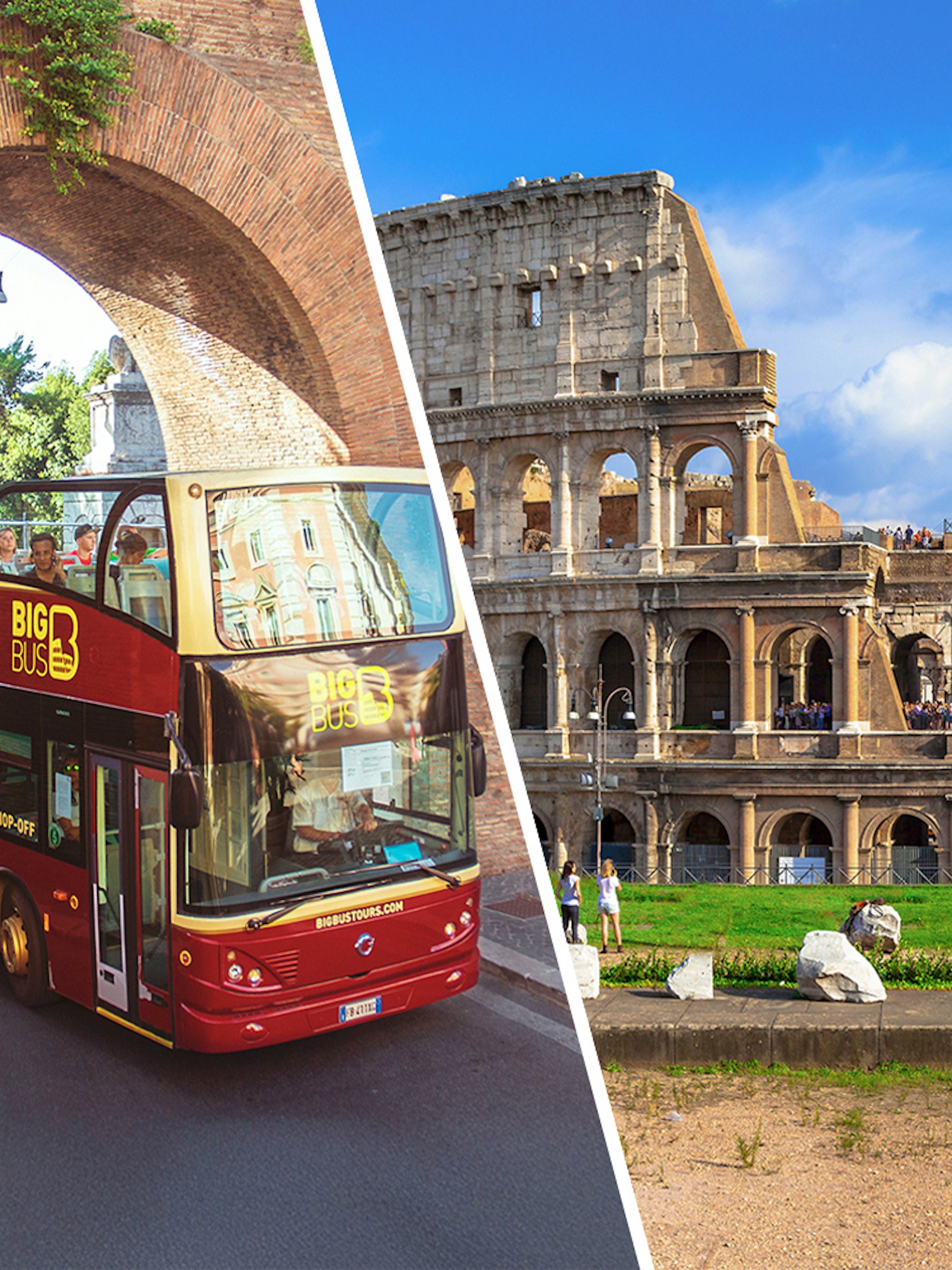 Rome hop-on hop-off bus passing under arch near Colosseum.