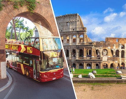 Rome hop-on hop-off bus passing under arch near Colosseum.