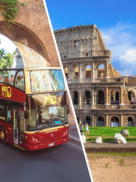 Rome hop-on hop-off bus passing under arch near Colosseum.