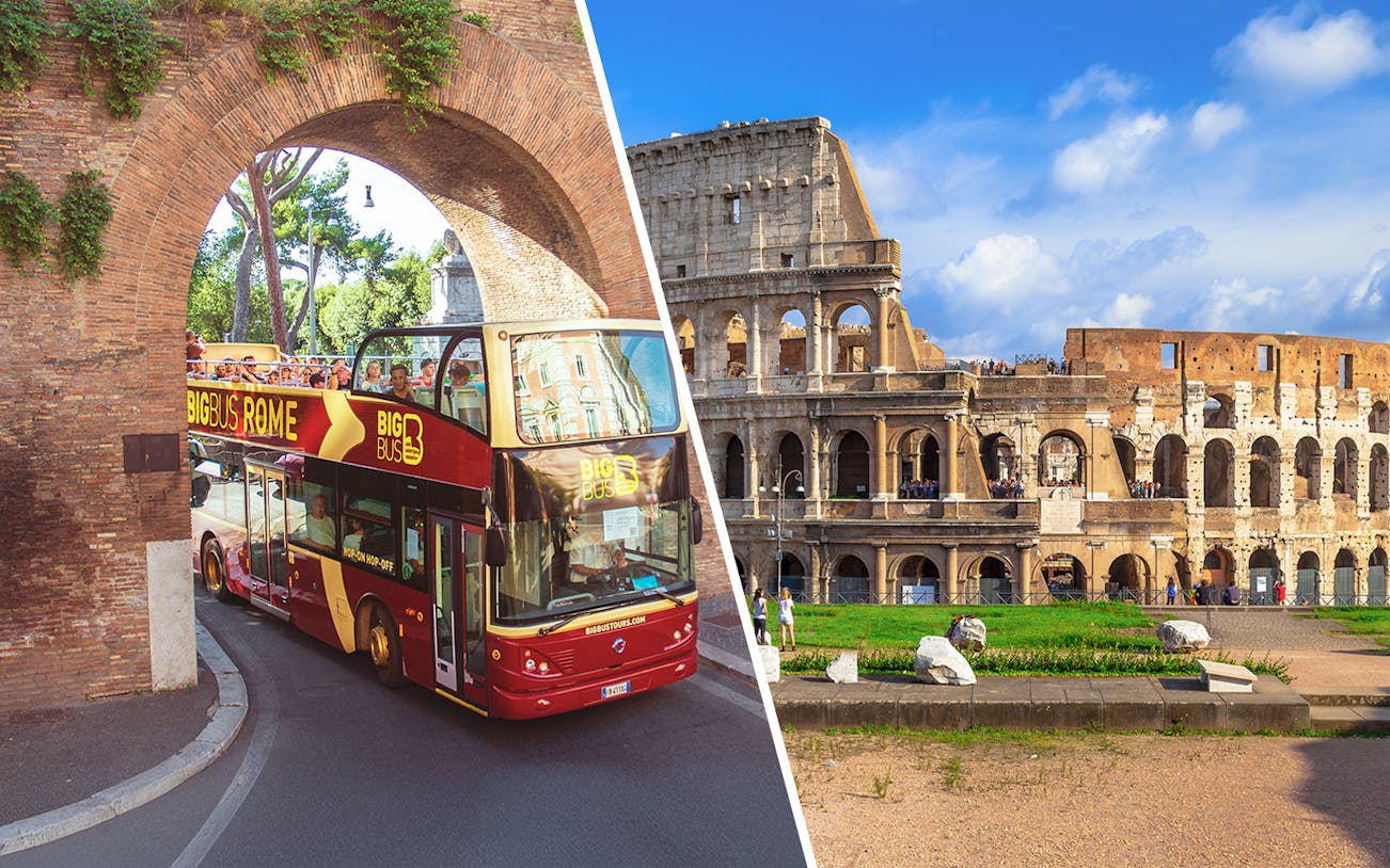 Rome hop-on hop-off bus passing under arch near Colosseum.