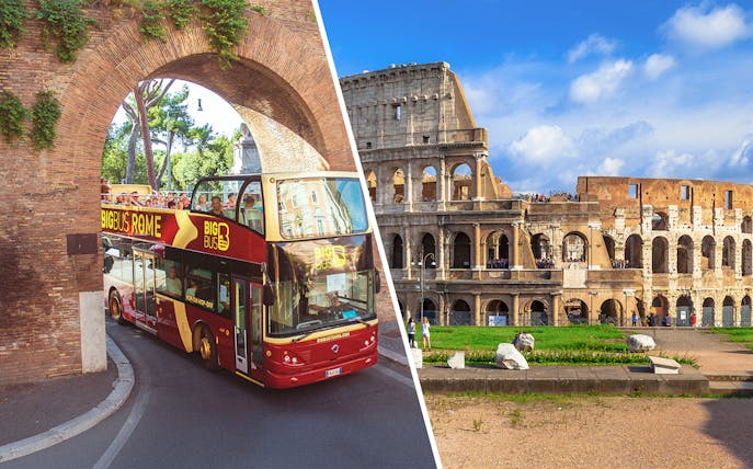 Rome hop-on hop-off bus passing under arch near Colosseum.