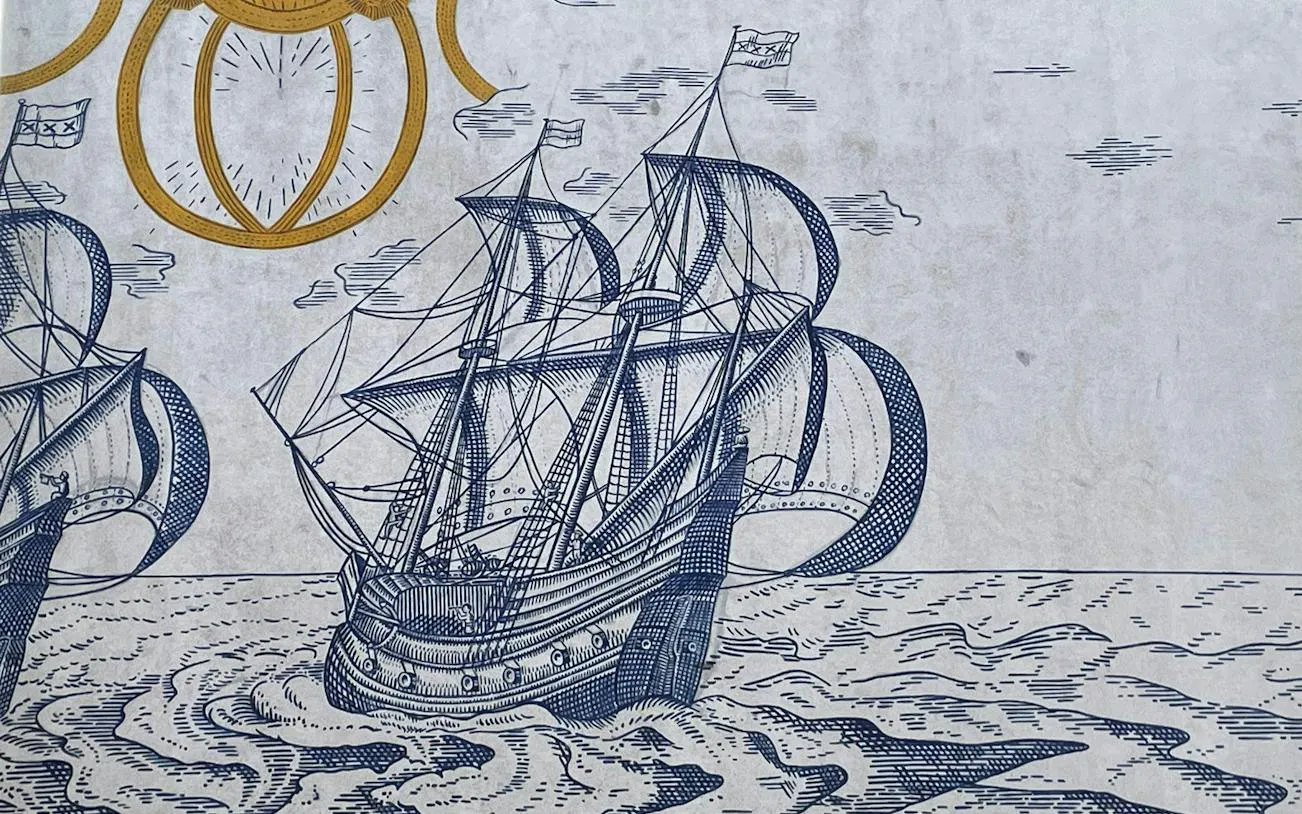 Illustration of a ship sinking in turbulent waters, part of Amsterdam exploration game.