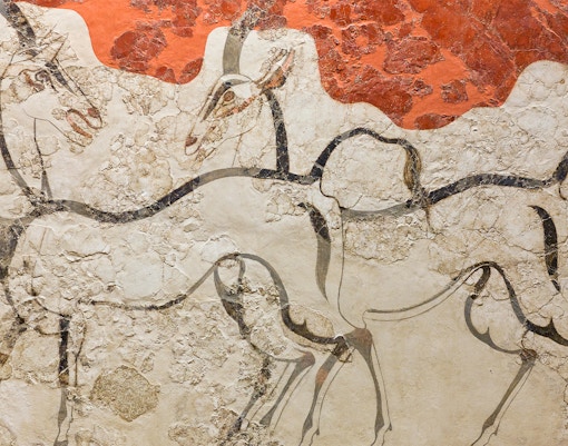 Ancient fresco depicting wild antelopes from Minoan Settlement at Akrotiri, Santorini, Greece.