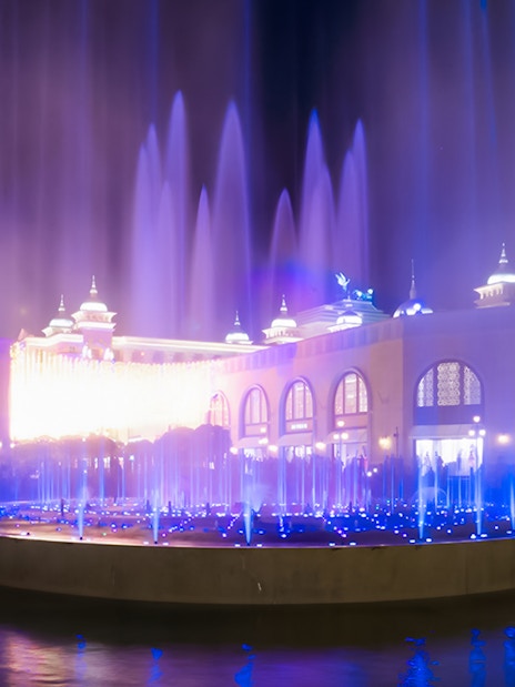 Chimera Fountain Show at Land of Legends, vibrant night water display.