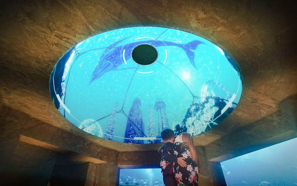 Mother and child viewing underwater exhibit at The Lost World Aquarium.