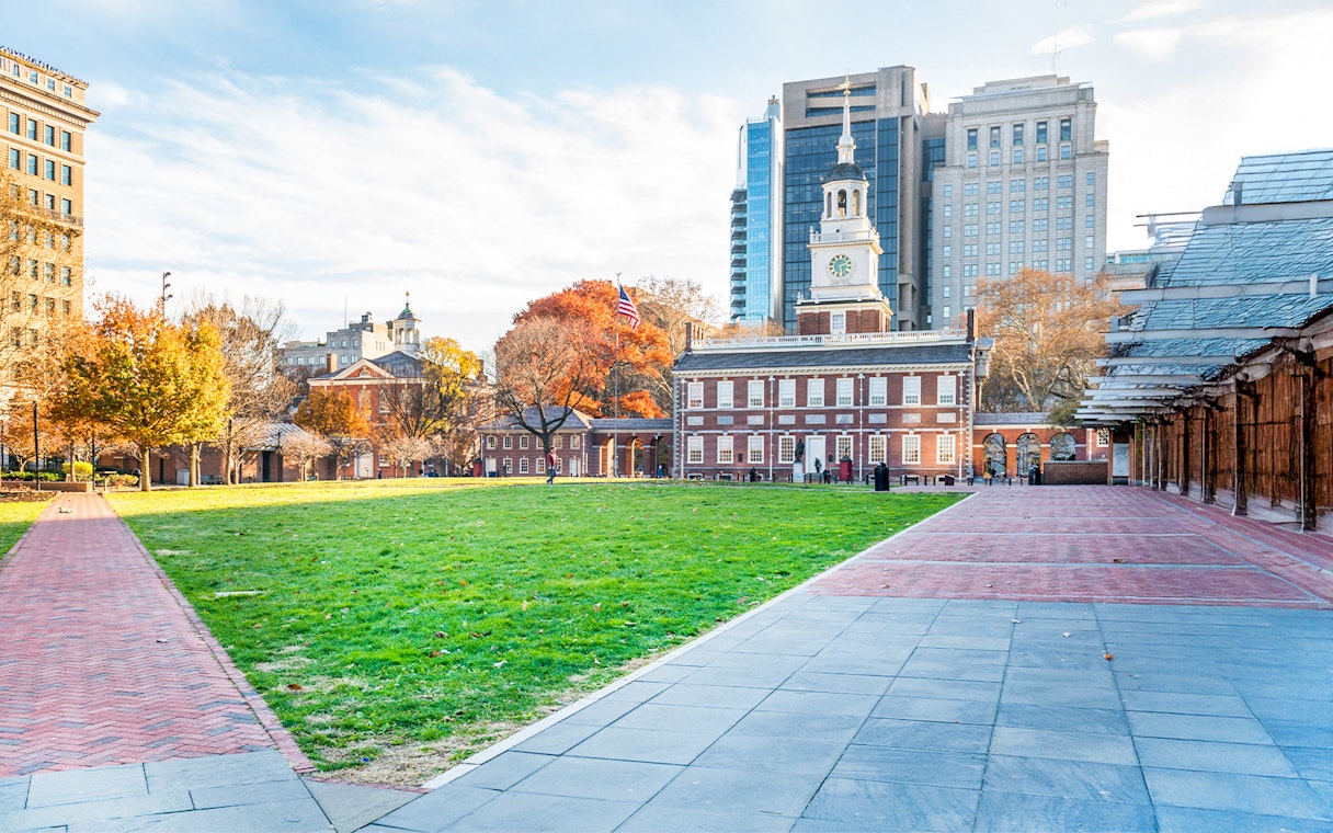 Independence Hall and surrounding park in Philadelphia's Independence National Historical Park.