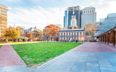 Independence Hall and surrounding park in Philadelphia's Independence National Historical Park.