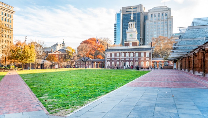 Independence Hall and surrounding park in Philadelphia's Independence National Historical Park.