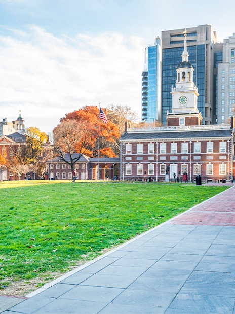 Independence Hall and surrounding park in Philadelphia's Independence National Historical Park.