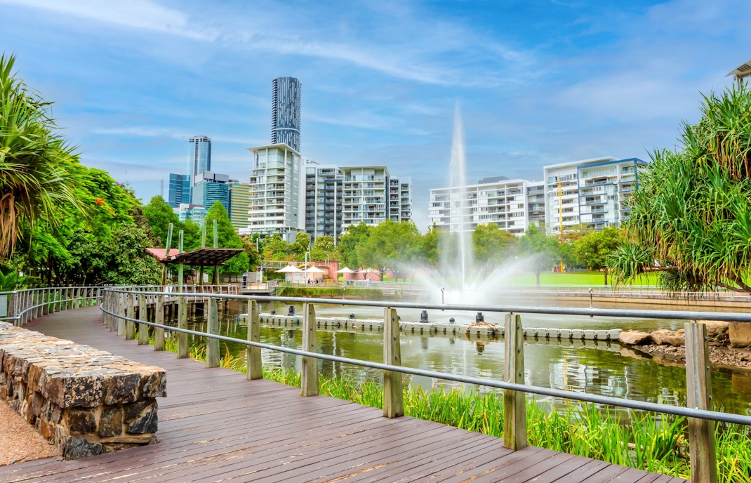 Parklands and apartment building at Roma Street in Brisbane, Australia