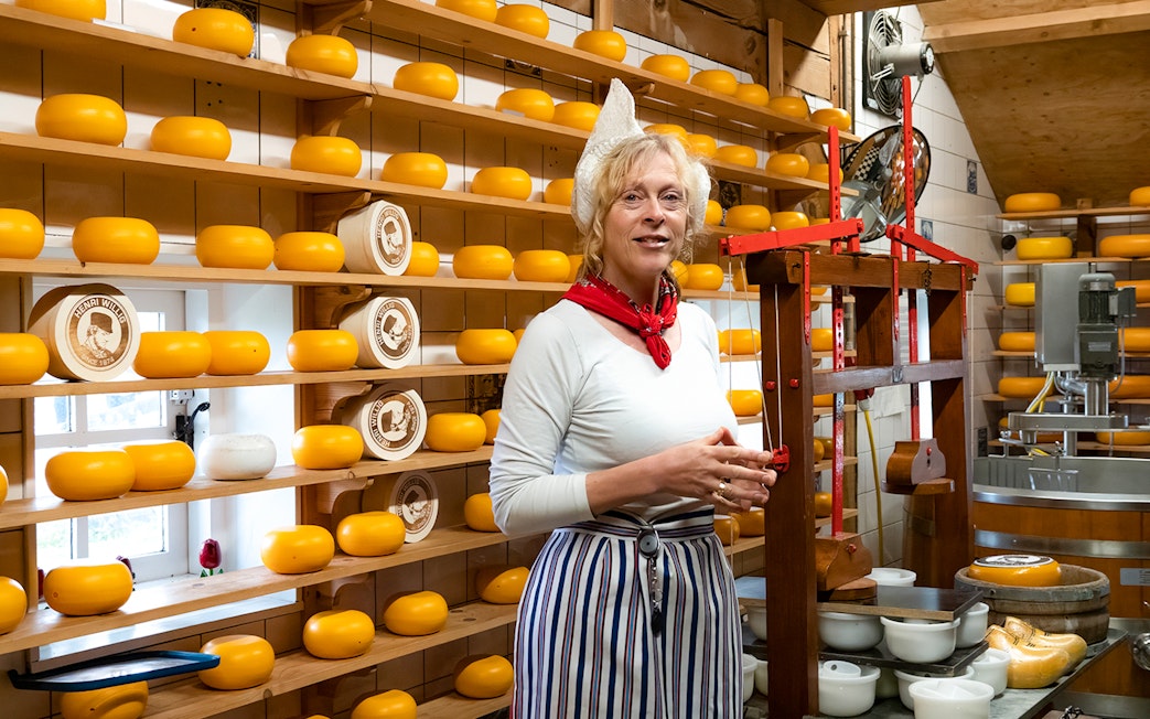 Cheese maker at Zaanse Schans cheese farm with shelves of cheese wheels.