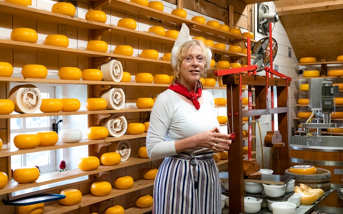 Cheese maker at Zaanse Schans cheese farm with shelves of cheese wheels.