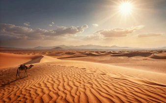 Camel walking across sand dunes in a sunlit desert landscape.