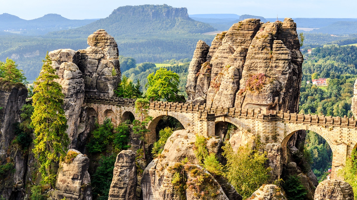 Bastion Bridge spanning rock formations in Saxony, Germany.