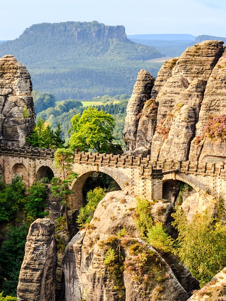 Bastion Bridge spanning rock formations in Saxony, Germany.