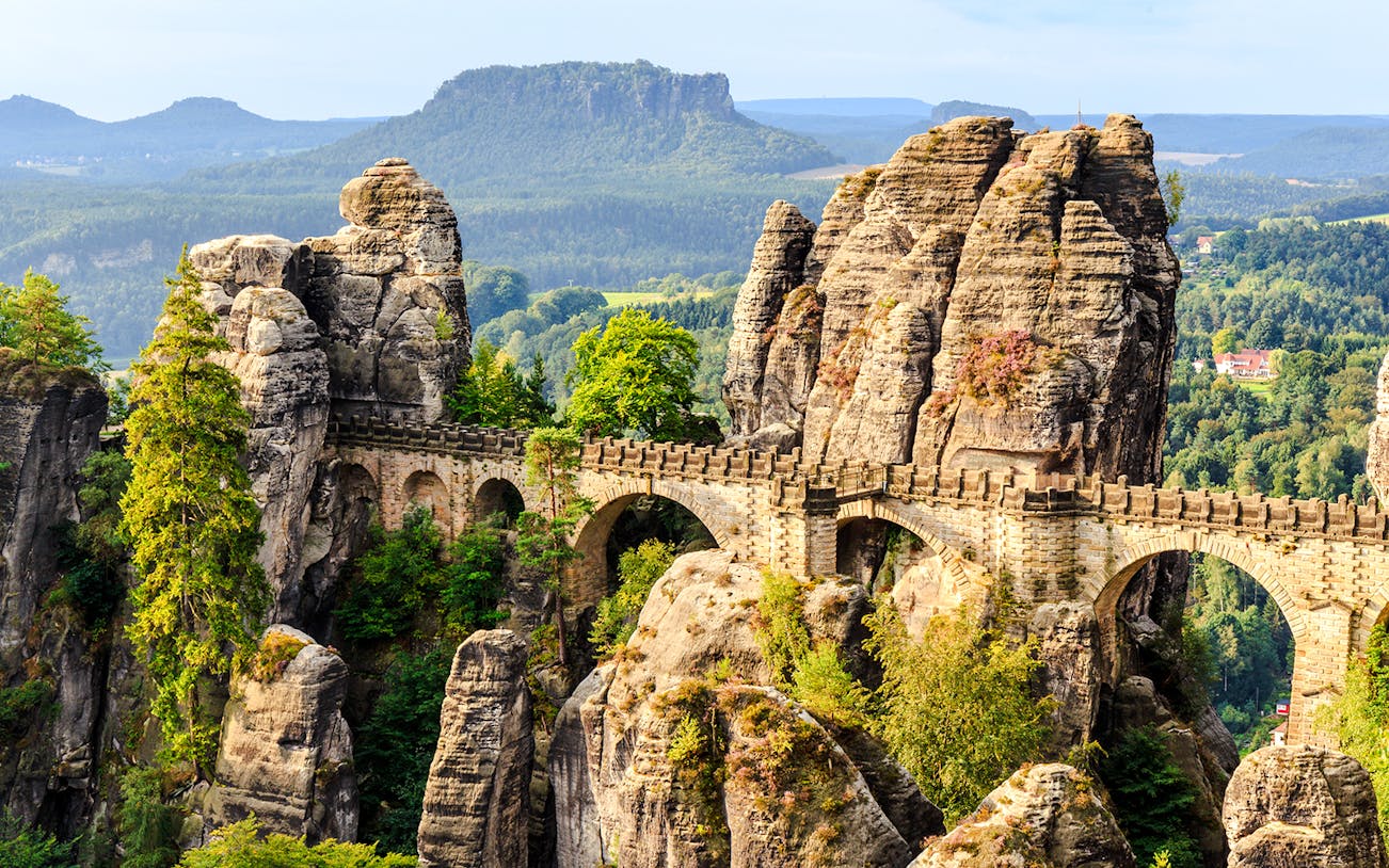 Bastion Bridge spanning rock formations in Saxony, Germany.