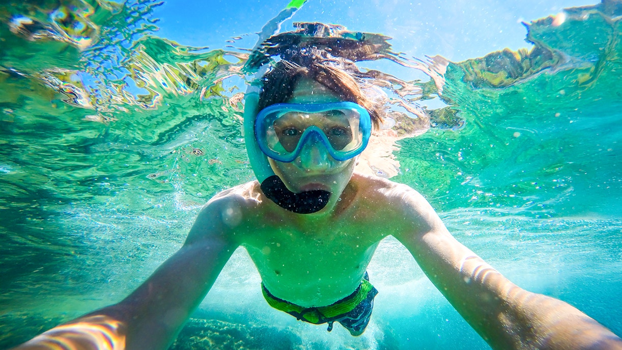 Snorkeler exploring clear waters during Blue Lagoon, Golden Horn, and Hvar speedboat tour.