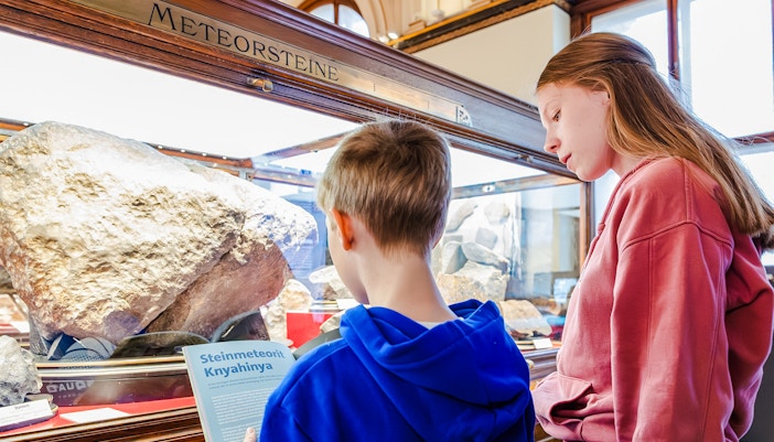 Guests viewing meteorite exhibit at Natural History Museum, Vienna.