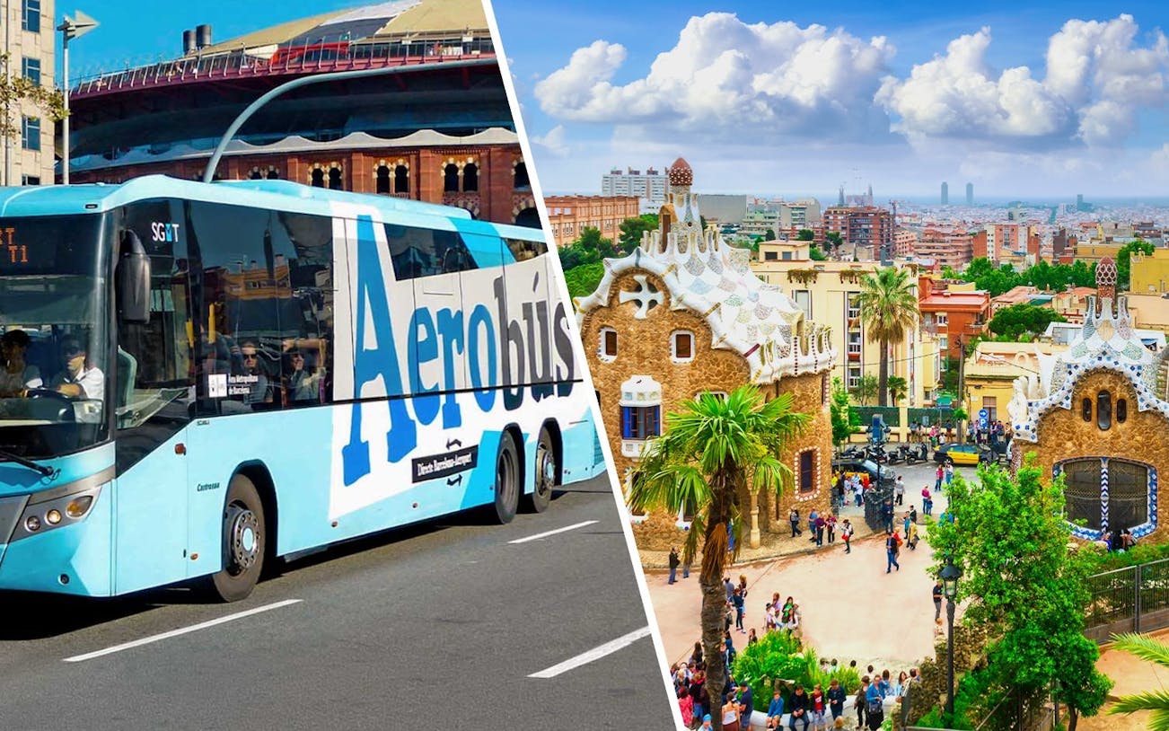 Aerobus in Barcelona with view of Park Güell entrance.