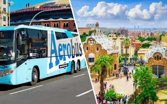 Aerobus in Barcelona with view of Park Güell entrance.