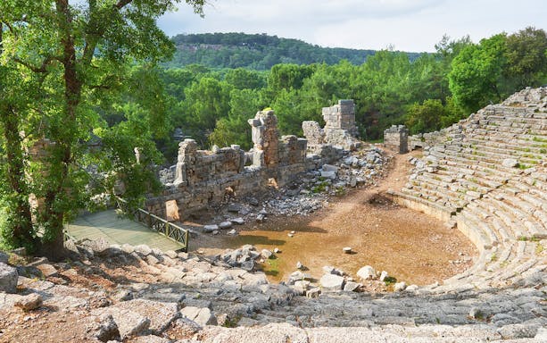 Ancient amphitheater ruins surrounded by lush greenery in Troy, Turkey.
