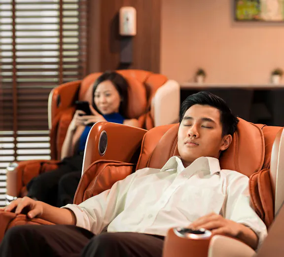 Lounge massage chairs at SATS Plaza Premium Lounge, Singapore.