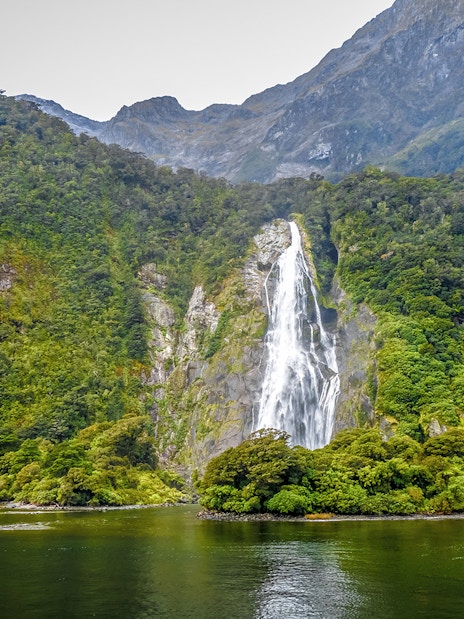 Waterfall cascading down lush green mountains in Milford Sound, Queenstown day trip.