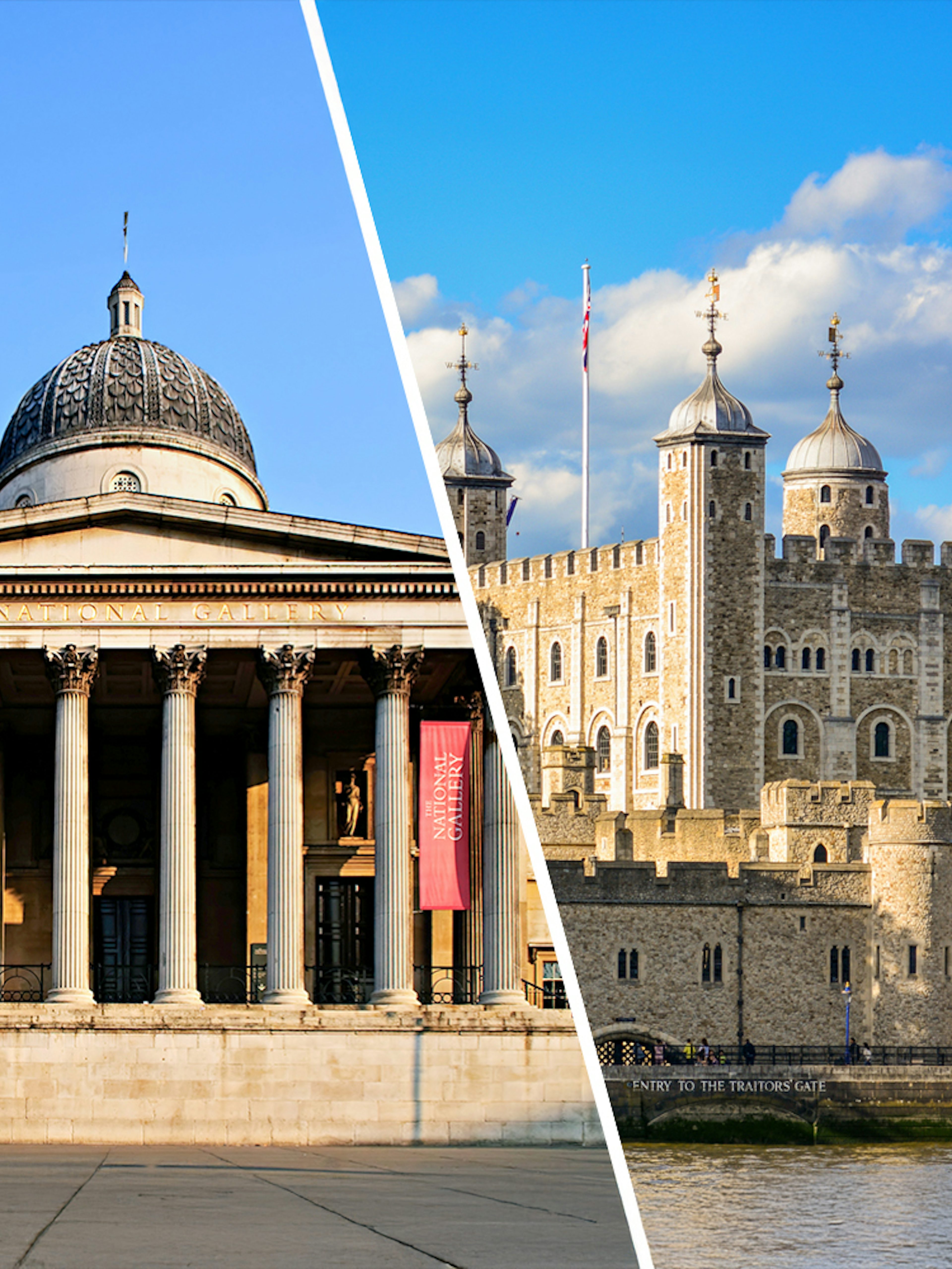 National Gallery facade and Tower of London under blue sky.