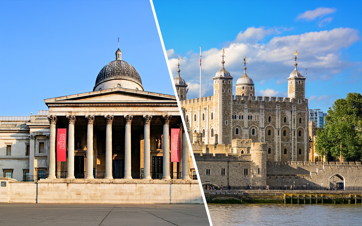 National Gallery facade and Tower of London under blue sky.