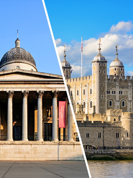 National Gallery facade and Tower of London under blue sky.