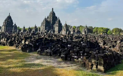 Prambanan Temple complex with ancient stone structures in Yogyakarta, Indonesia.