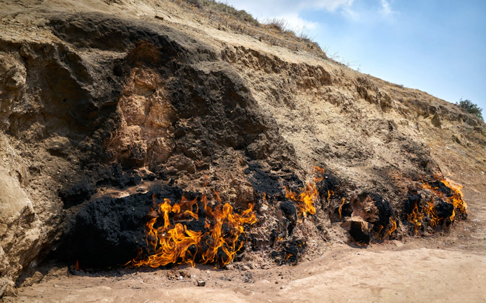 Underground fire burning at Yanardag hillside in Baku, Azerbaijan.