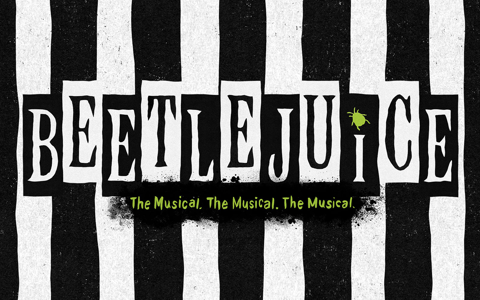 Beetlejuice Broadway show poster with black and white stripes and green text.