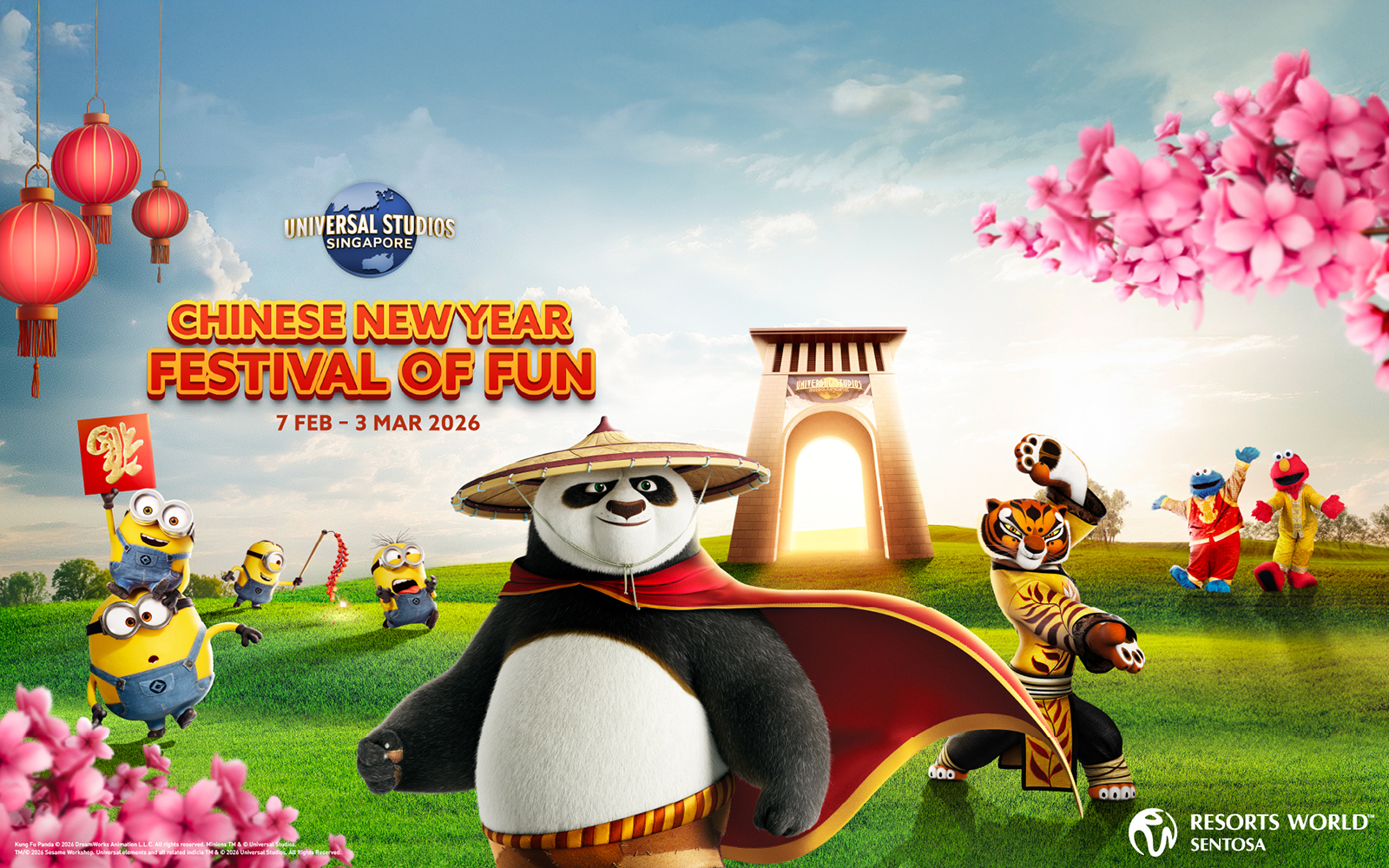 Universal Studios Singapore Chinese New Year celebration with animated characters and festive decorations.