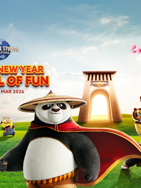 Universal Studios Singapore Chinese New Year celebration with animated characters and festive decorations.