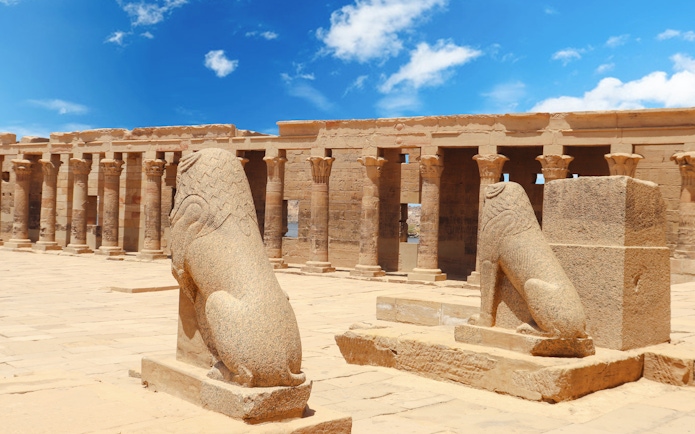 Philae Temple columns and hieroglyphs on Agilika Island, Aswan, Egypt.