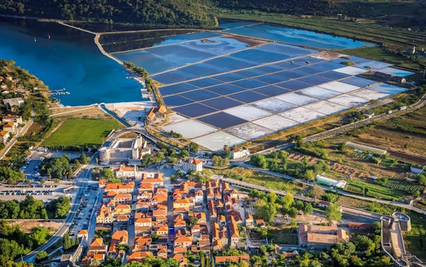 Aerial view of Ston with salt pans on the Pelješac Peninsula, Croatia.