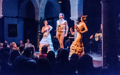 Flamenco dancers performing at Dance Museum with guitarist in background.
