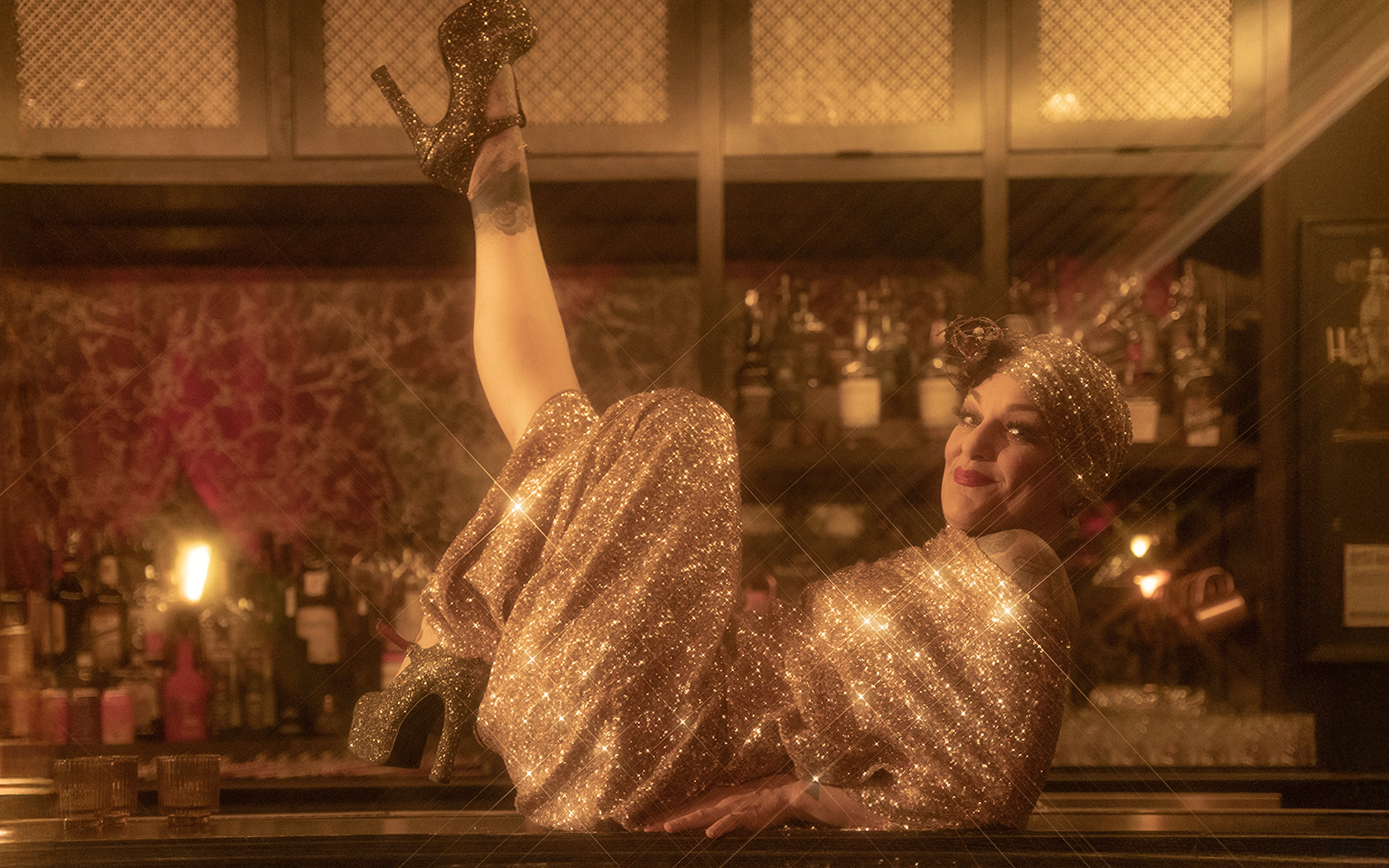 Performer in sparkling attire at Miss Behaves: Maverick's Variety Show, Las Vegas.