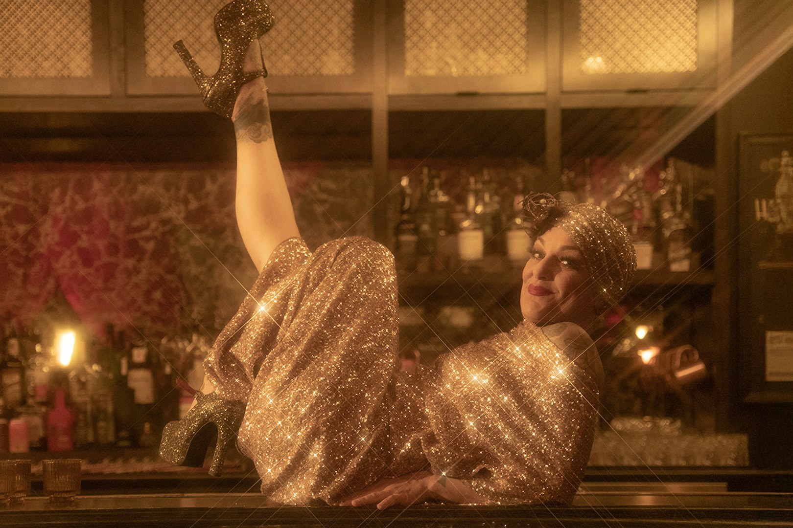 Performer in sparkling attire at Miss Behaves: Maverick's Variety Show, Las Vegas.