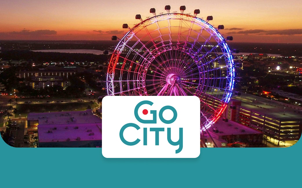 Orlando Ferris wheel at sunset with Go City logo.